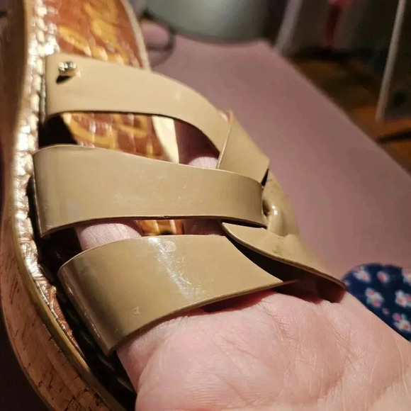 Sam Edelman |  Raynere Patent Cork Wedge Nude Slip On Sandals - Picture 14 of 16